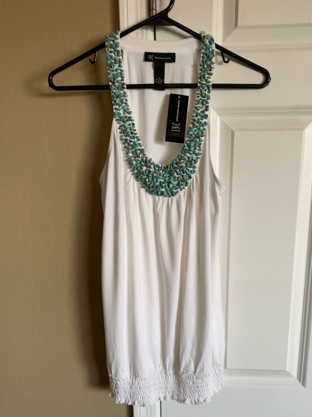 INC International Concepts White Tank with Mint Embellished Scoop Neck